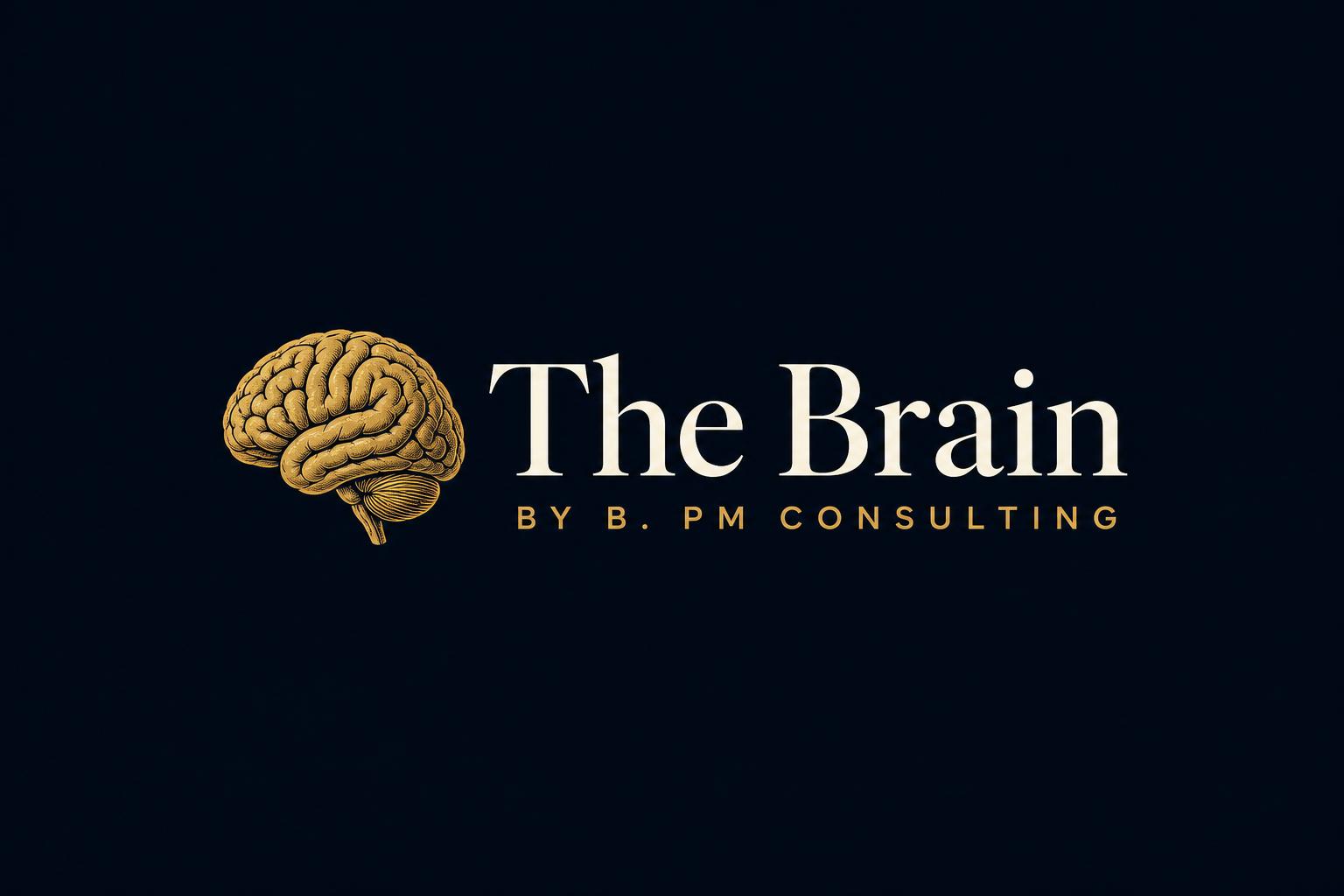 The Brain horizontal lockup in gold on a navy background